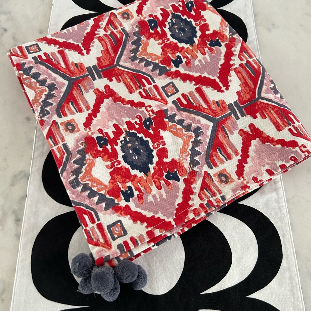Red and Pink Geometric Patterned Fabric with Pom Poms Tablecloth